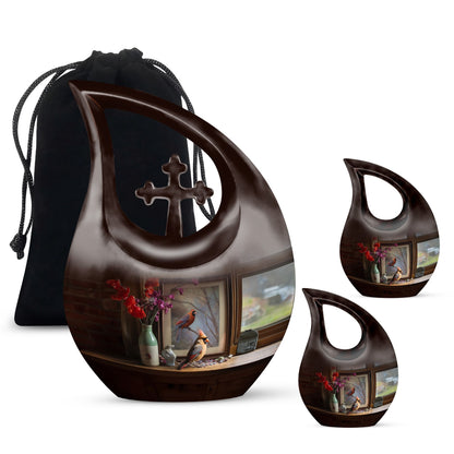 10-inch Cardinal Bird themed Cross Drop customized memorial urn 
