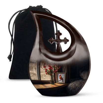 Cardinal Bird themed cross-drop design large urn 