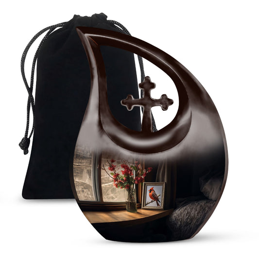 Cardinal Bird themed cross-drop design large urn 