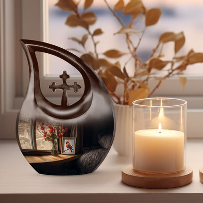 Cardinal Bird themed cross-drop design large urn 