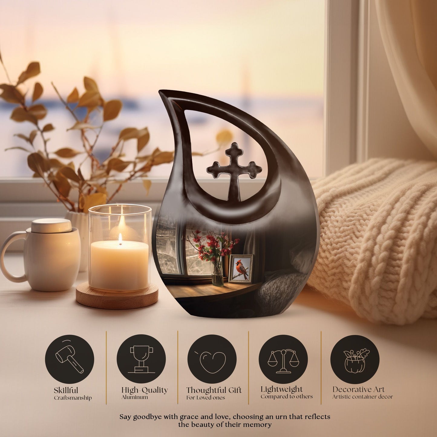 Cardinal Bird themed cross-drop design large urn 