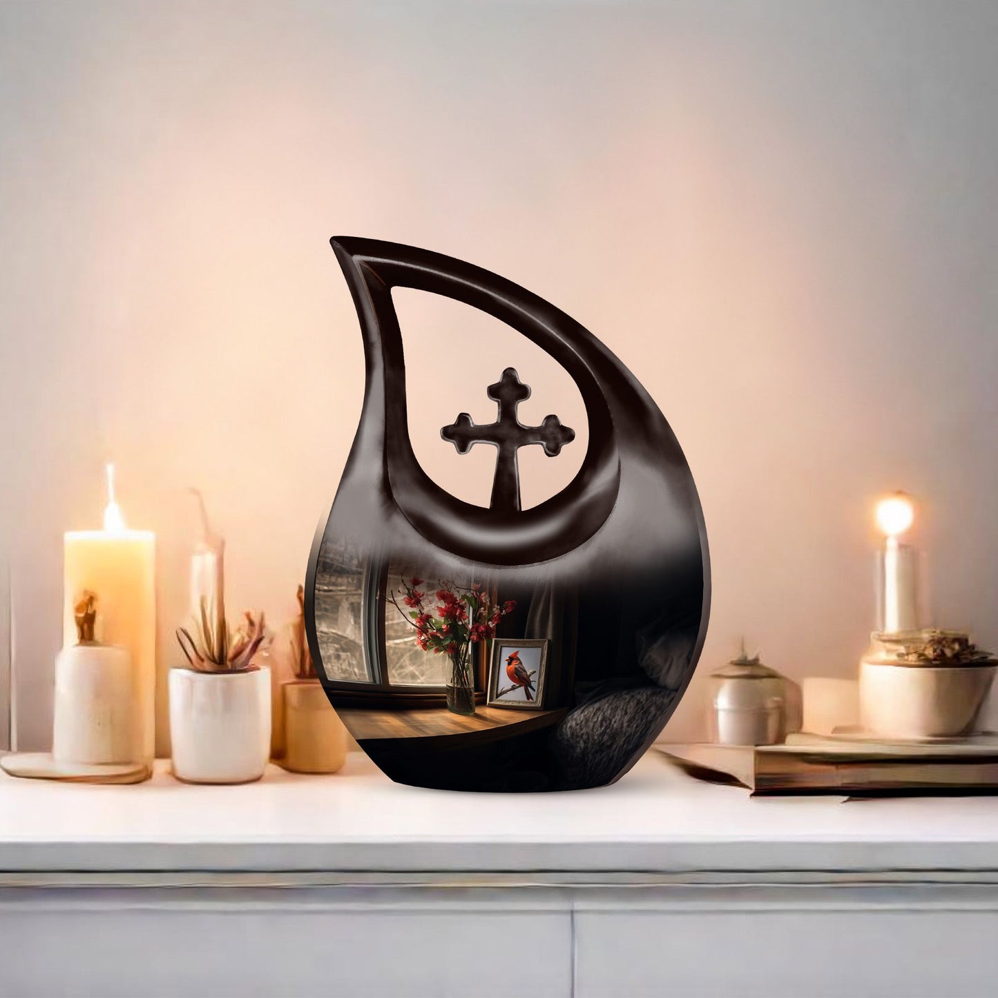 Cardinal Bird themed cross-drop design large urn 