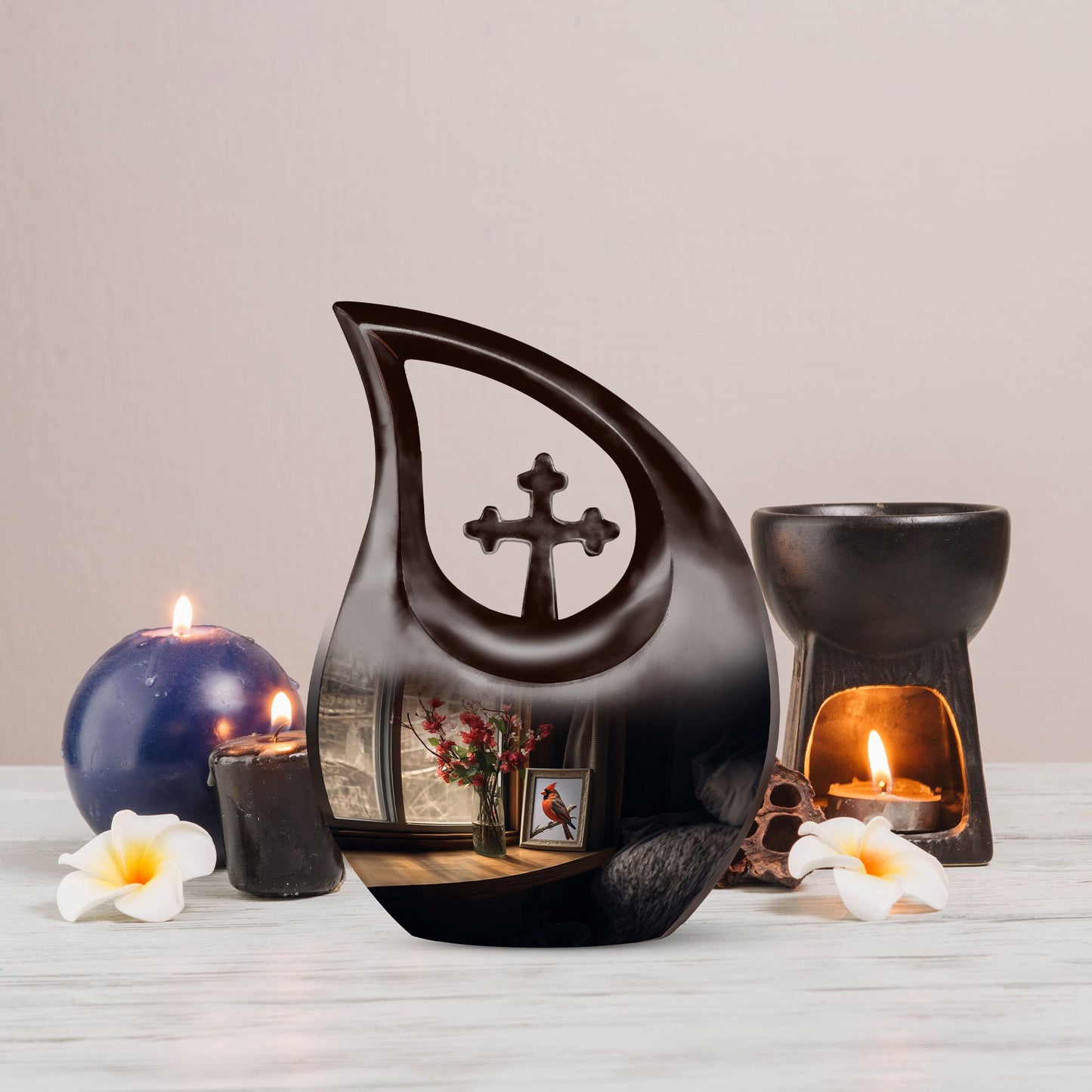 Cardinal Bird themed cross-drop design large urn 