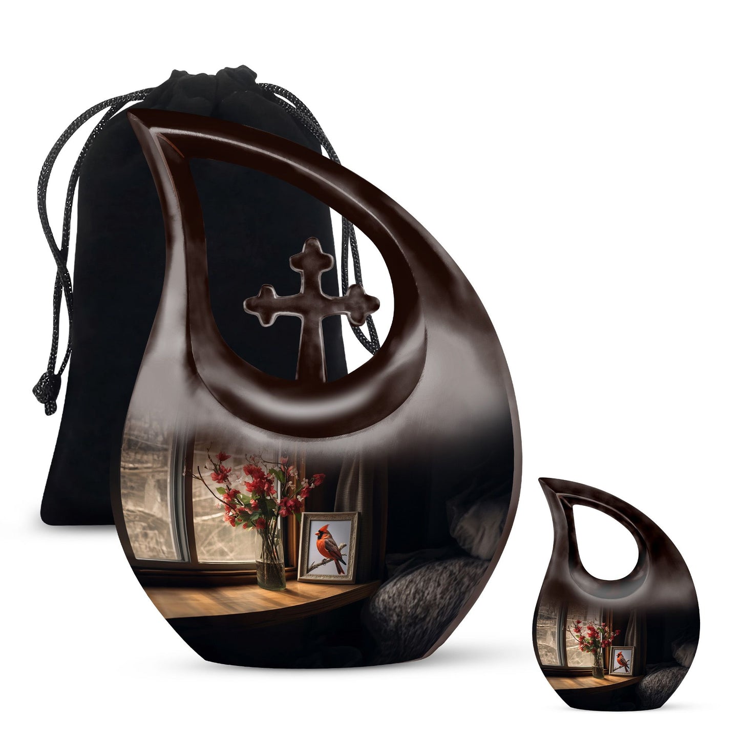 Cardinal Bird themed cross-drop design large urn 