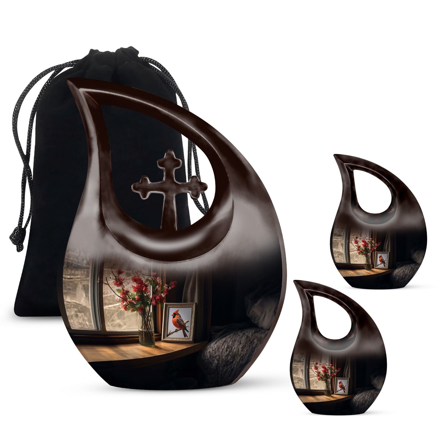 Cardinal Bird themed cross-drop design large urn 