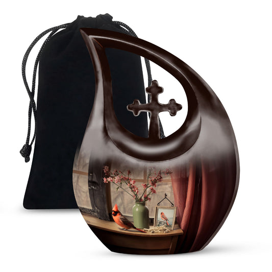 Cardinal Bird Themed Cross Drop Marble Urn