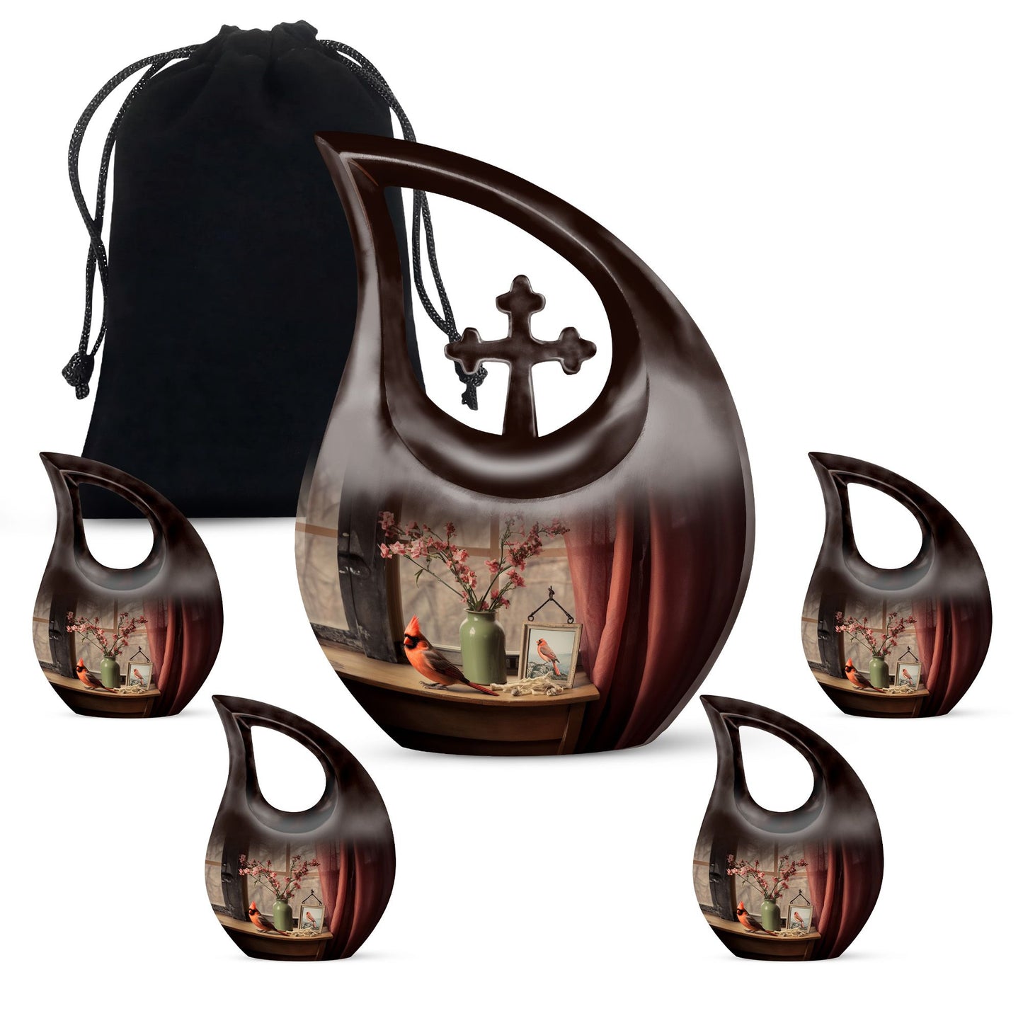 Cardinal Bird Themed Cross Drop Marble Urn