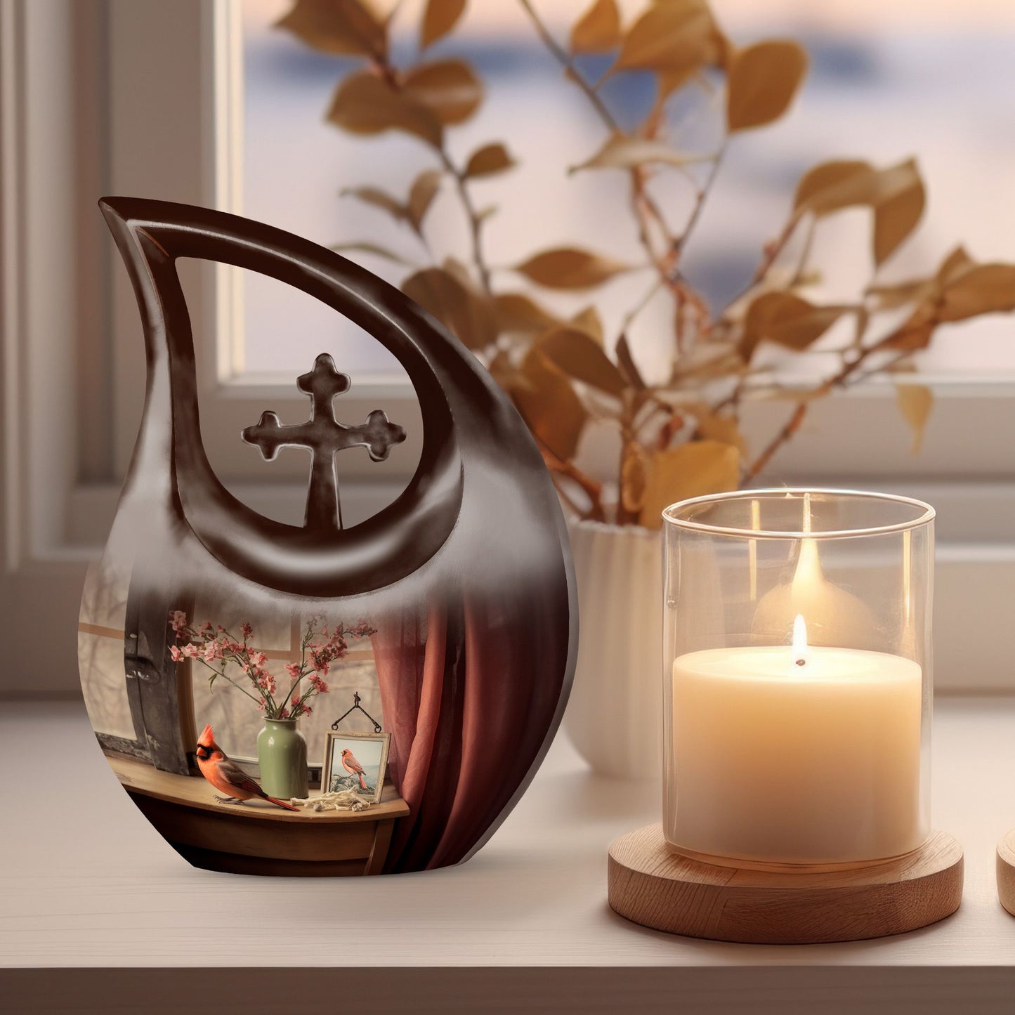 Cardinal Bird Themed Cross Drop Marble Urn