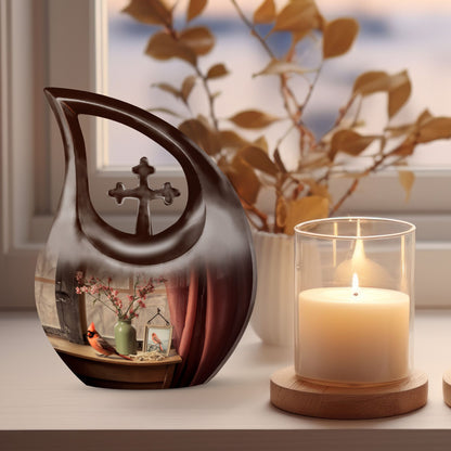 Cardinal Bird Themed Cross Drop Marble Urn