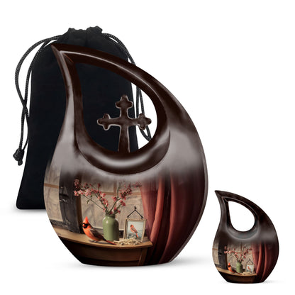 Cardinal Bird Themed Cross Drop Marble Urn