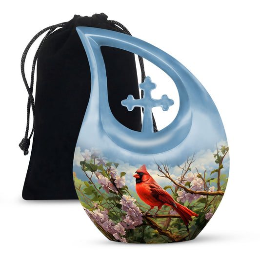 Cardinal Bird design Cross Drop Aluminium Cremation Urn