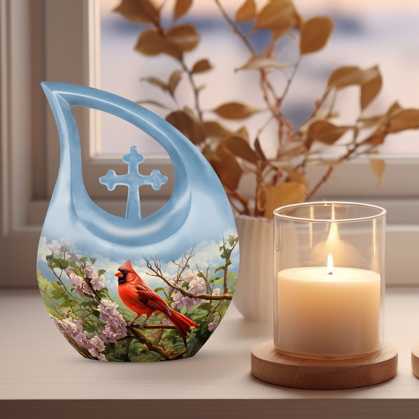 Cardinal Bird design Cross Drop Aluminium Cremation Urn