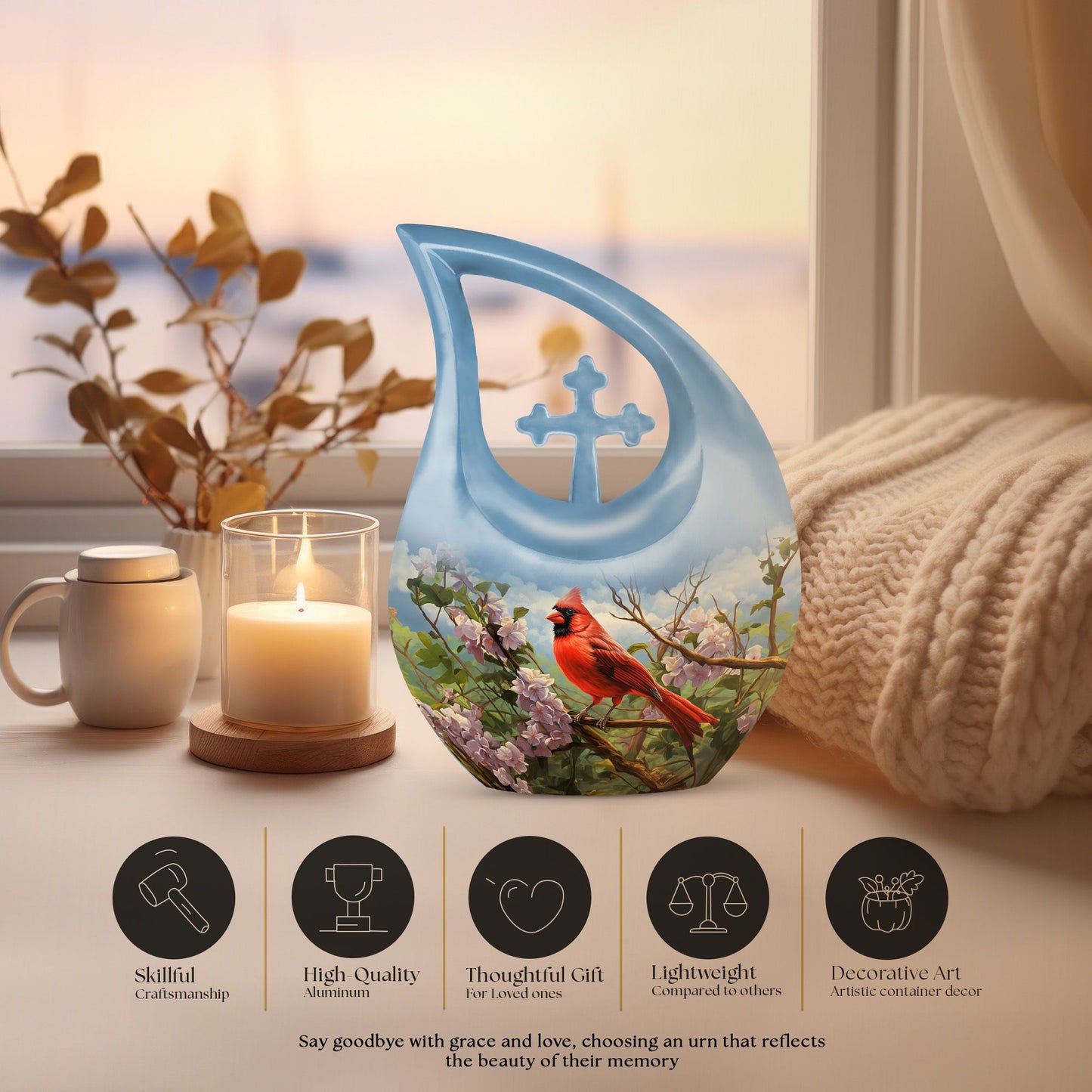Cardinal Bird design Cross Drop Aluminium Cremation Urn
