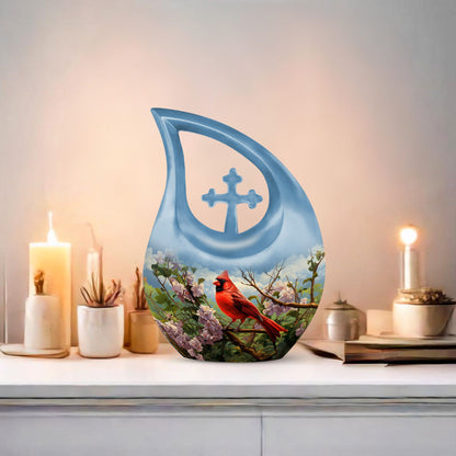 Cardinal Bird design Cross Drop Aluminium Cremation Urn