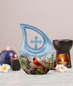 Cardinal Bird design Cross Drop Aluminium Cremation Urn