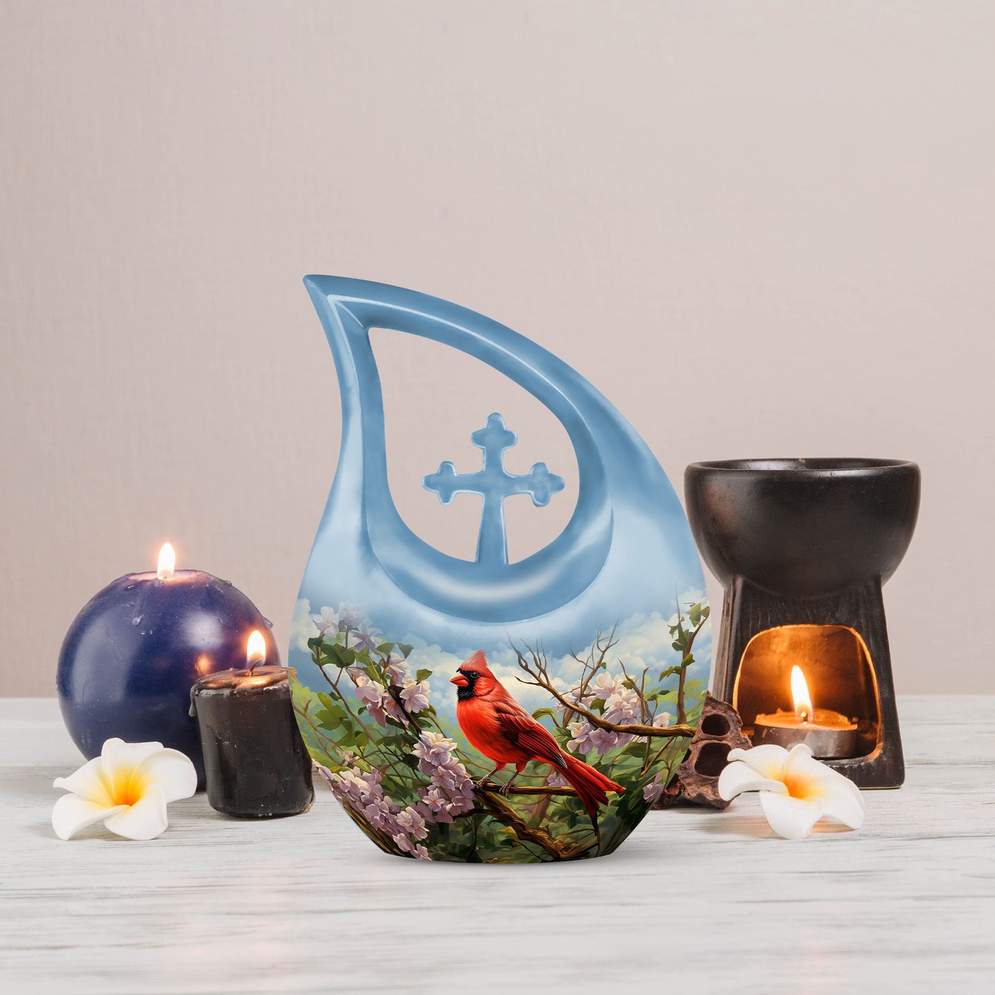 Cardinal Bird design Cross Drop Aluminium Cremation Urn