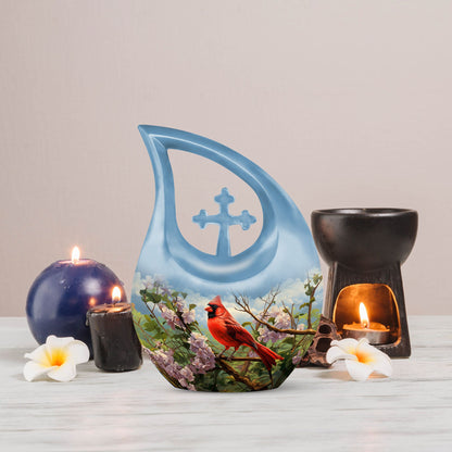 Cardinal Bird design Cross Drop Aluminium Cremation Urn