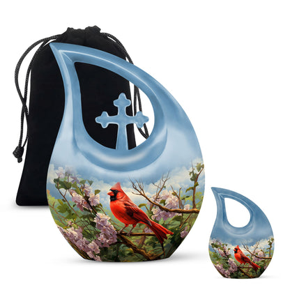 Cardinal Bird design Cross Drop Aluminium Cremation Urn