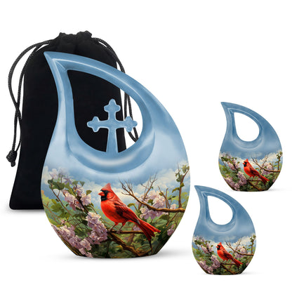 Cardinal Bird design Cross Drop Aluminium Cremation Urn