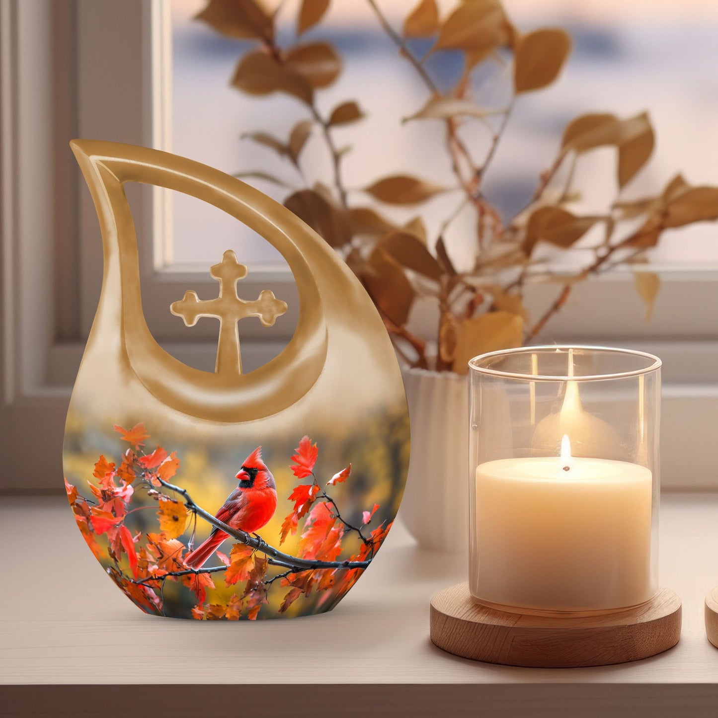 10-inch Cross Drop Design Cardinal Bird Urn