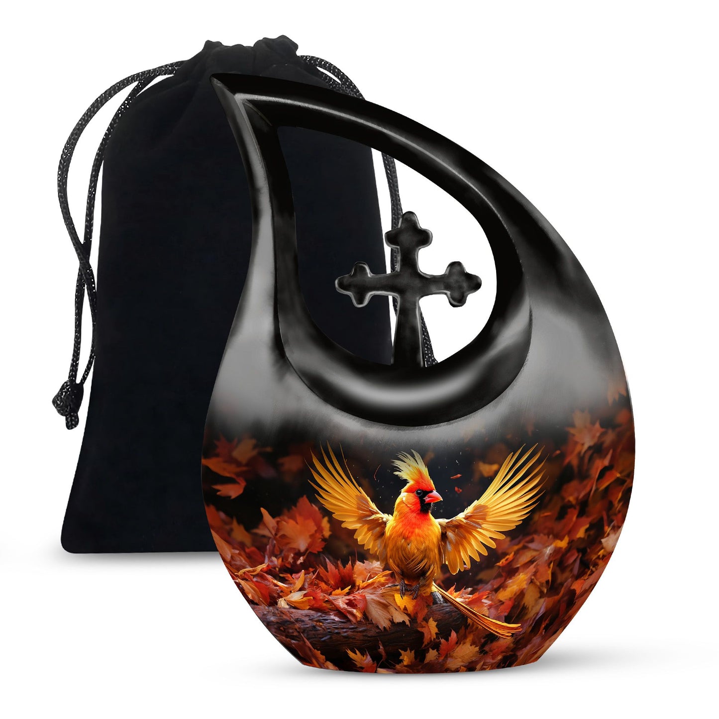Cross drop design cardinal bird urn