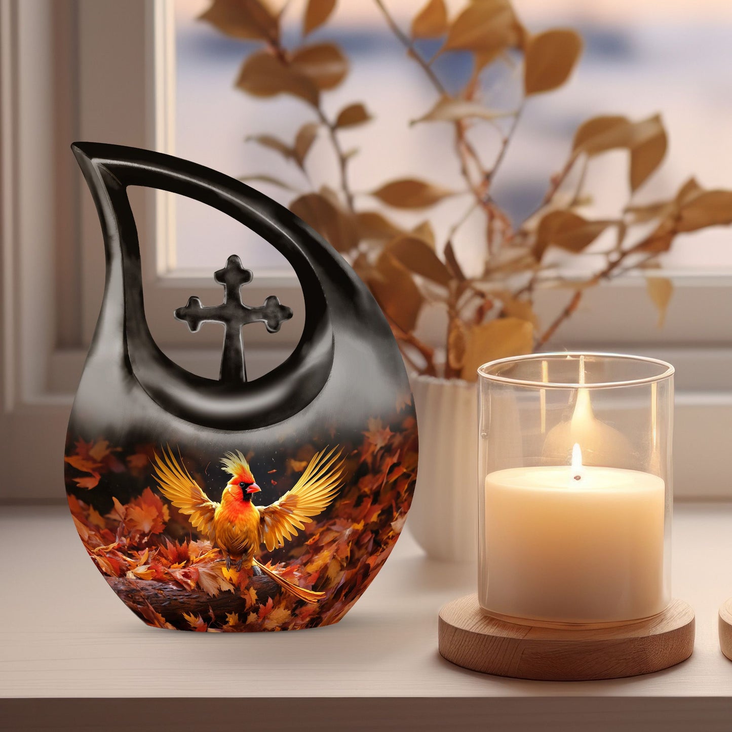 Cross drop design cardinal bird urn