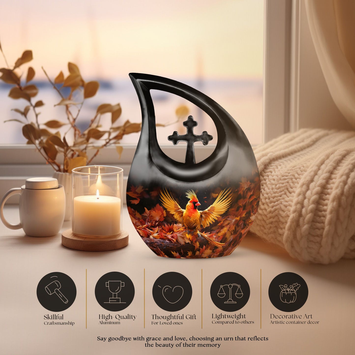 Cross drop design cardinal bird urn