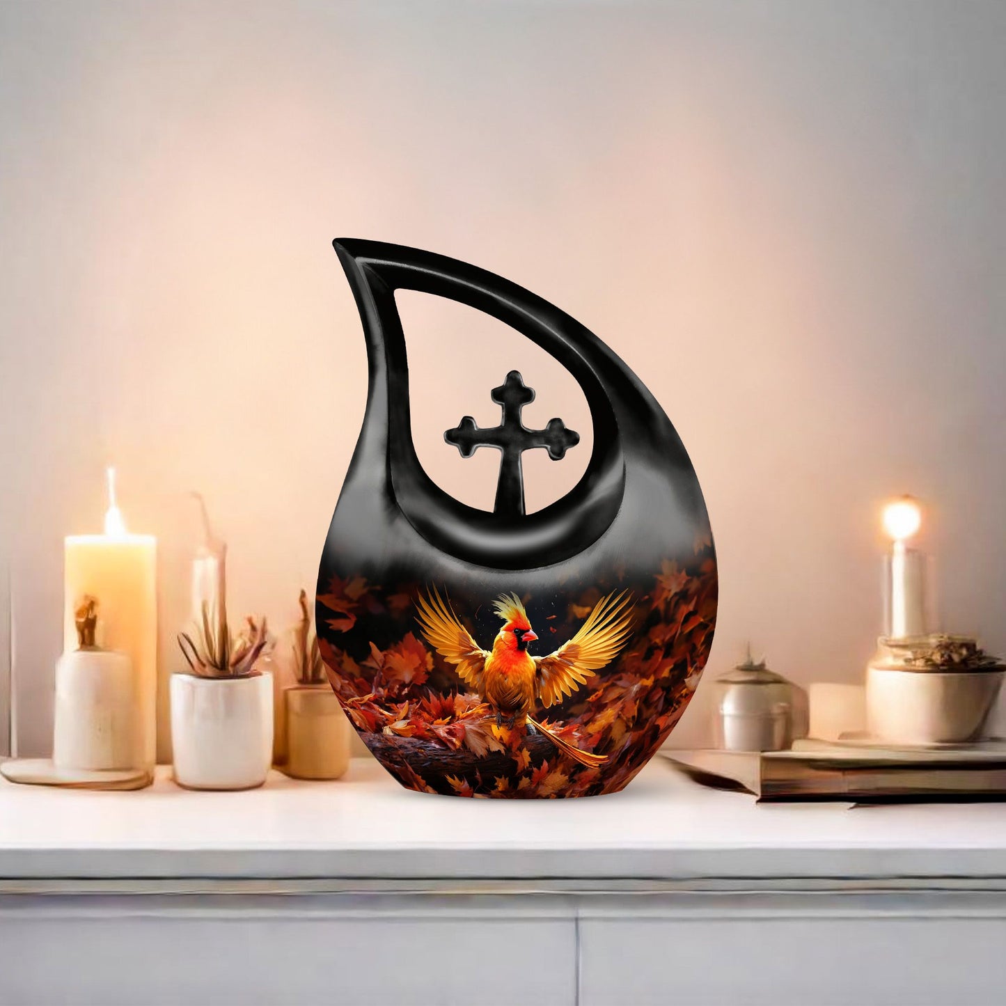 Cross drop design cardinal bird urn