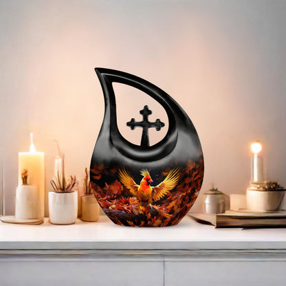 Cross drop design cardinal bird urn