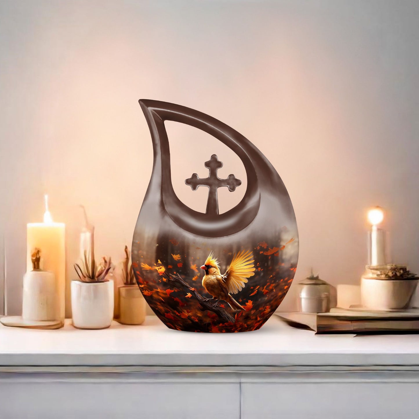 10 inch Cardinal Bird cross drop design urn