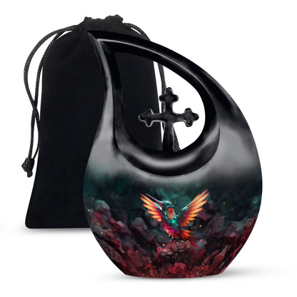 10 Inch, Cross Drop design Humming Bird Urn 