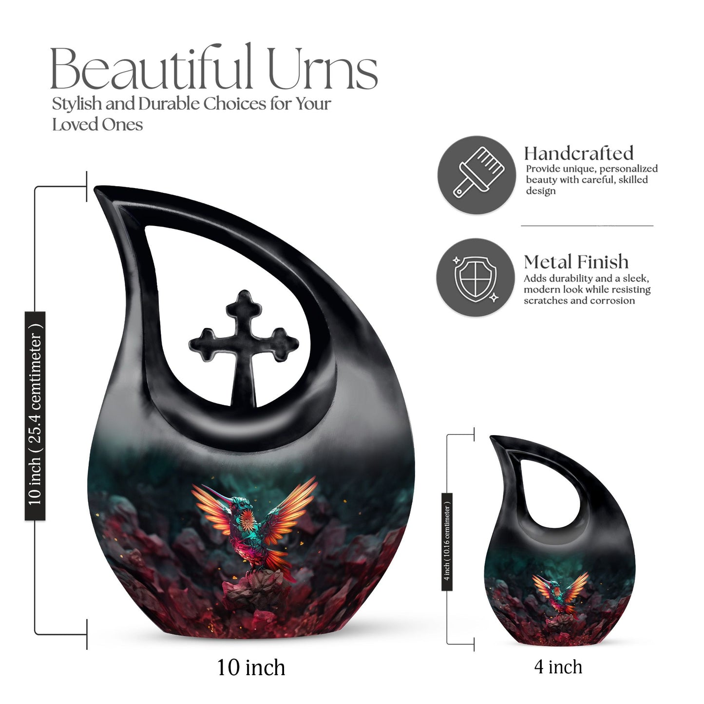 10 Inch, Cross Drop design Humming Bird Urn 
