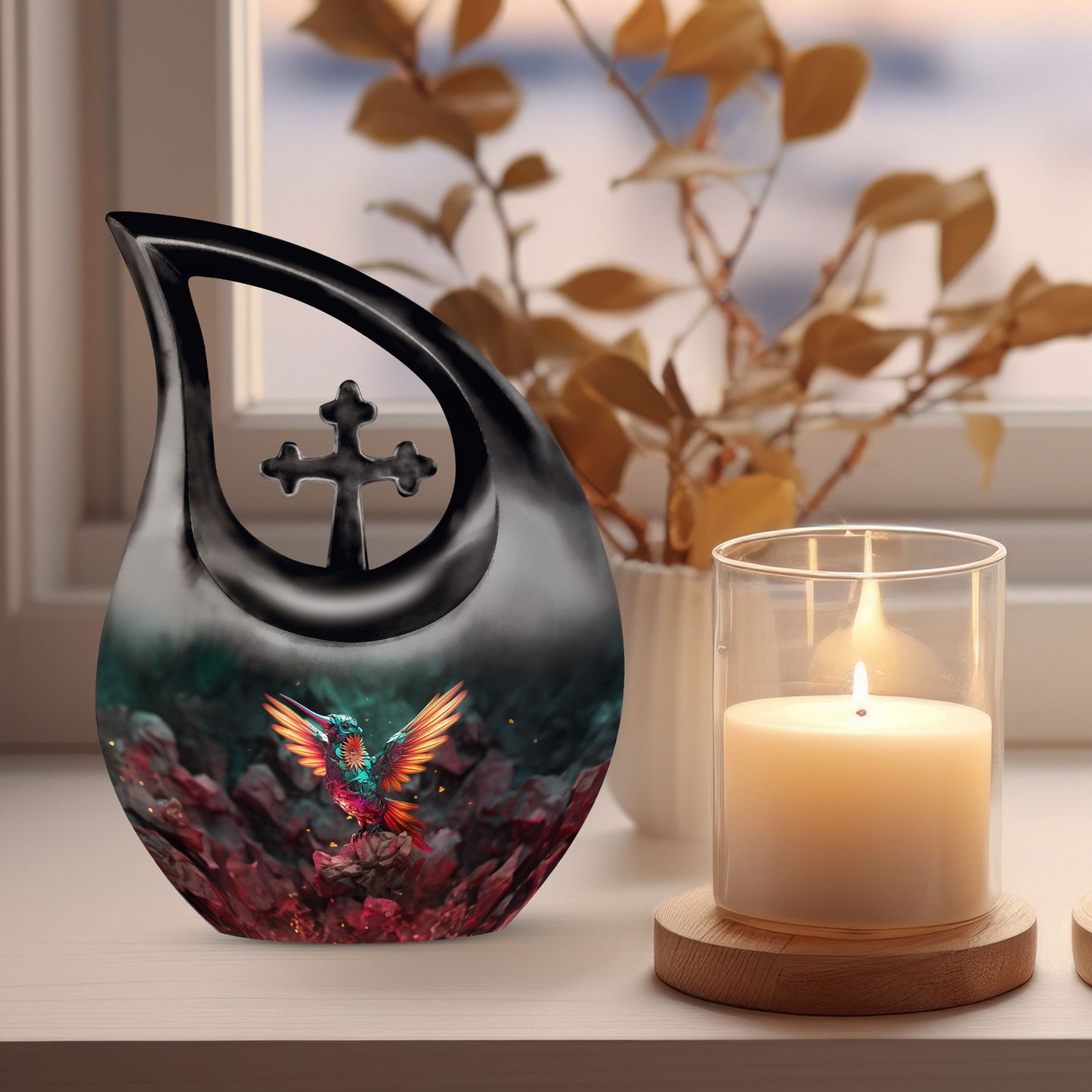 10 Inch, Cross Drop design Humming Bird Urn 