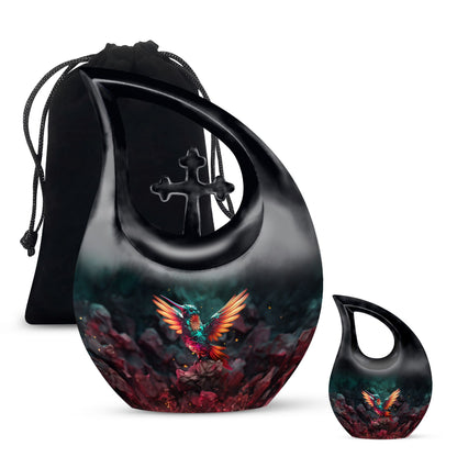 10 Inch, Cross Drop design Humming Bird Urn 