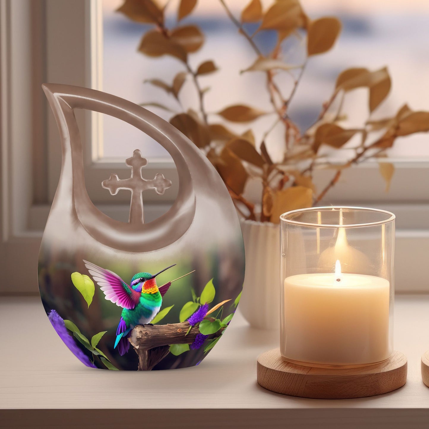 Hummingbird Themed, Cross Drop Design Custom Urn 