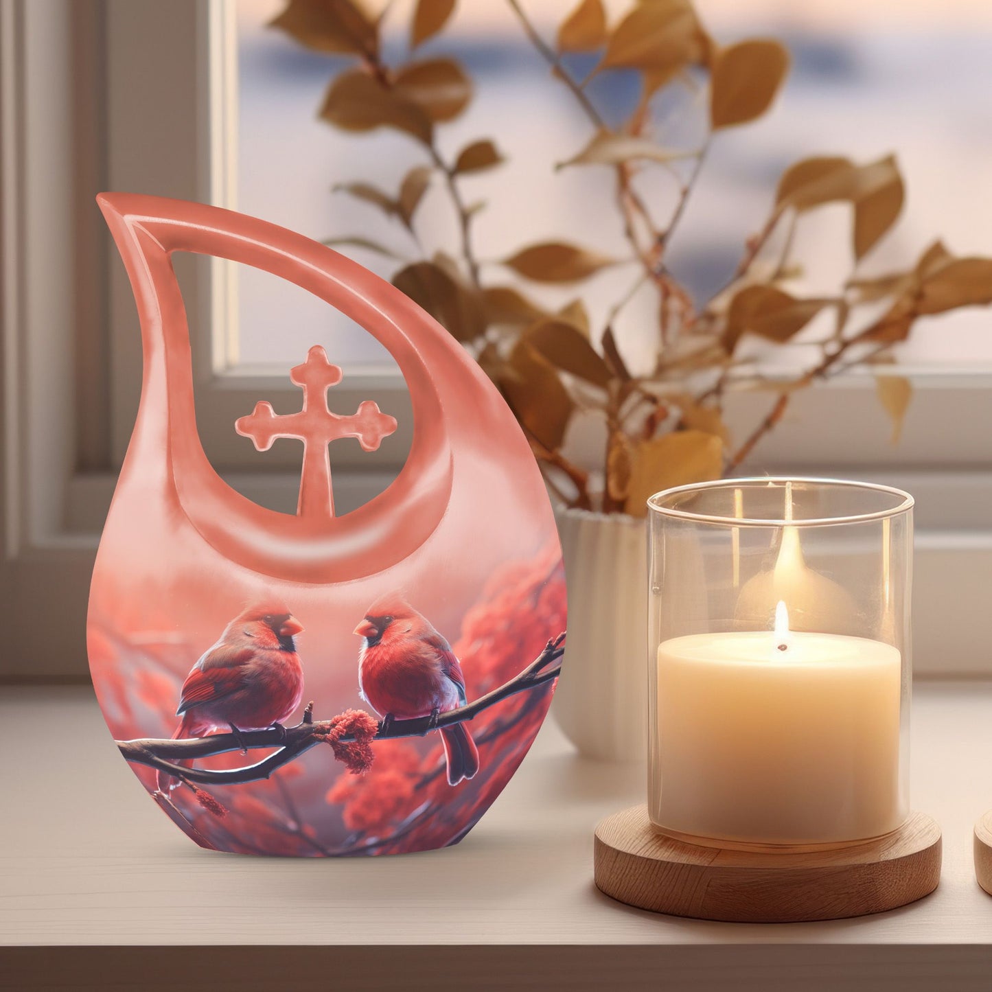 10 inch Cardinal Birds Themed Cross Drop Urn