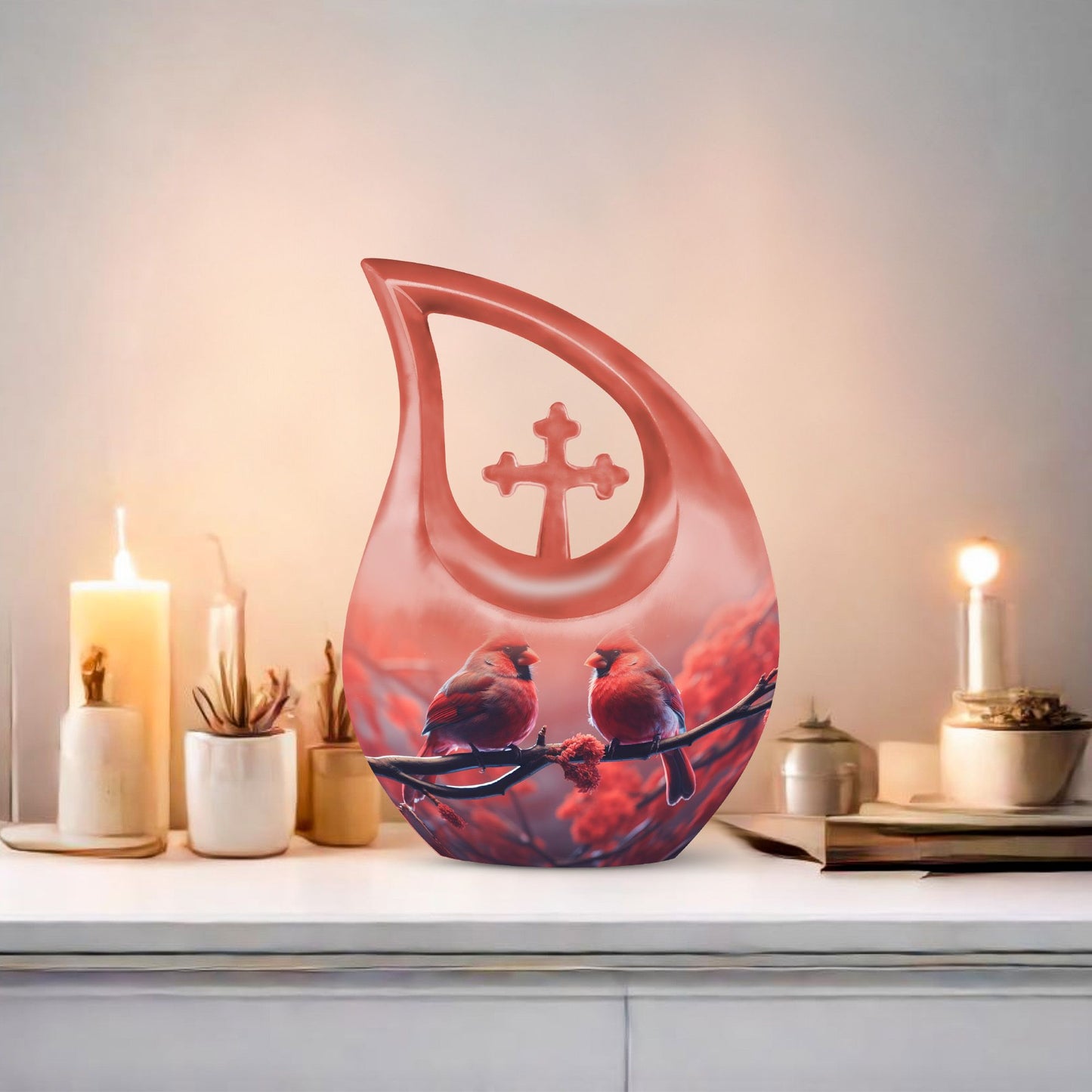 10 inch Cardinal Birds Themed Cross Drop Urn