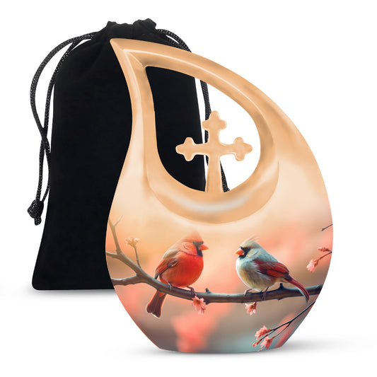 10-inch Cardinal Birds Cross Drop Urn, 