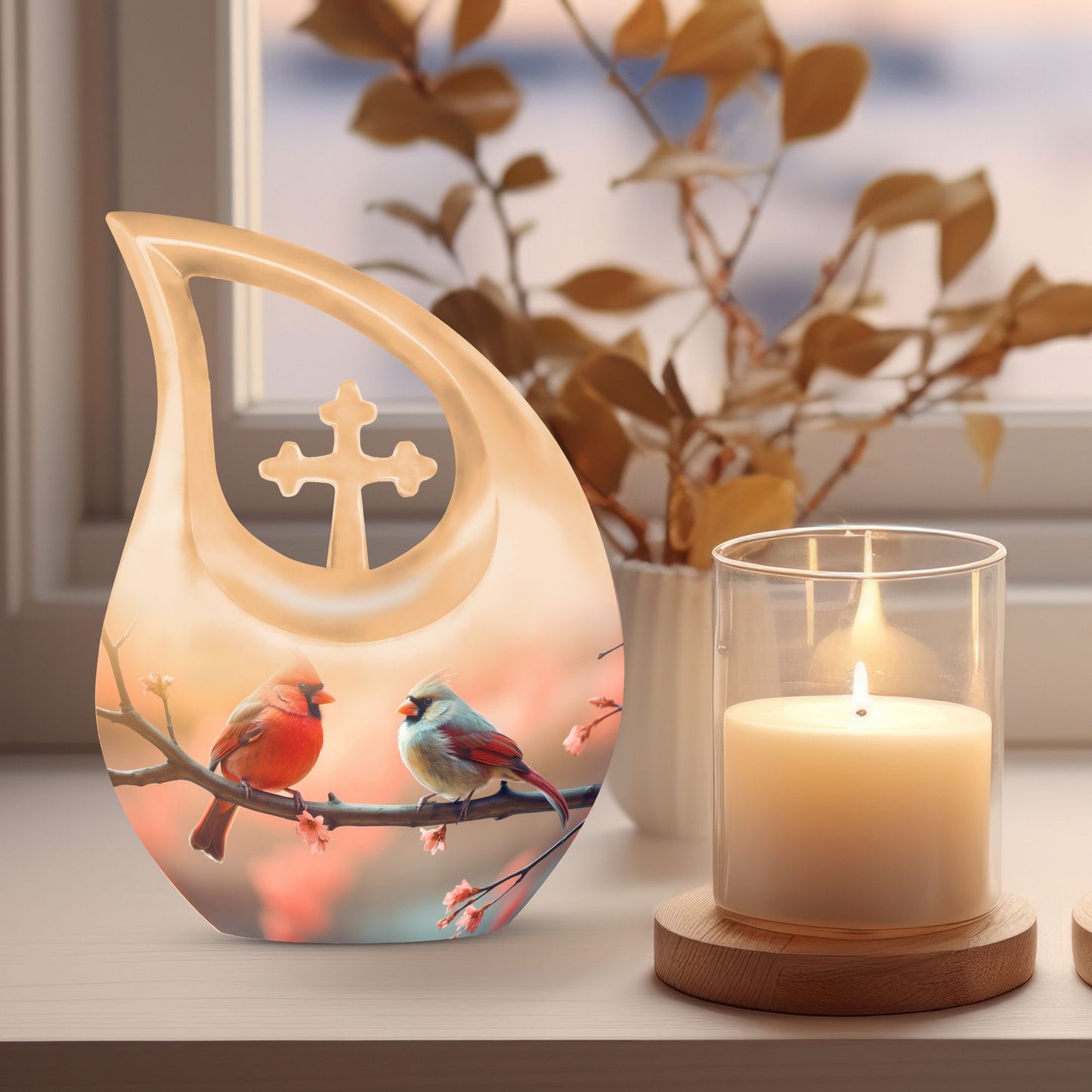 10-inch Cardinal Birds Cross Drop Urn, 