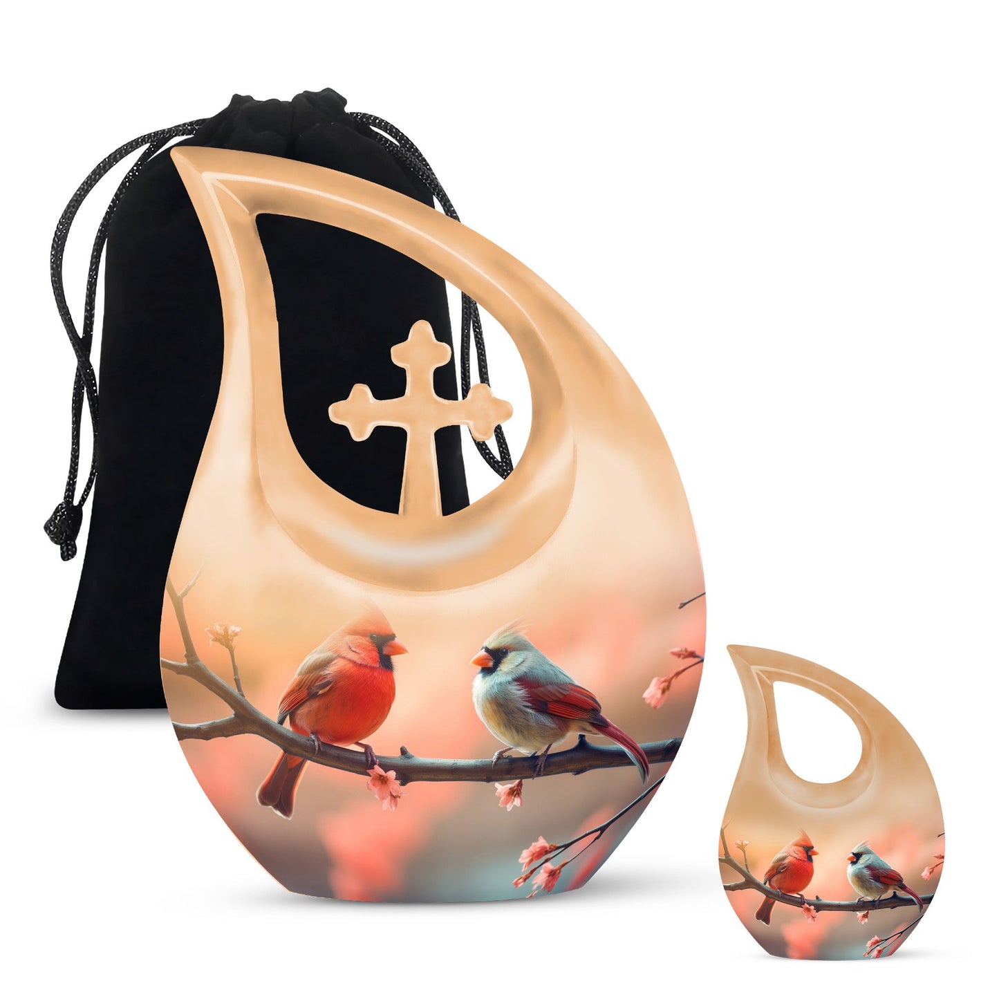 10-inch Cardinal Birds Cross Drop Urn, 
