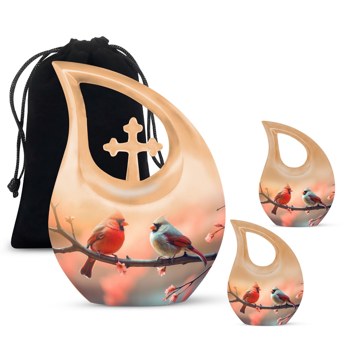 10-inch Cardinal Birds Cross Drop Urn, 