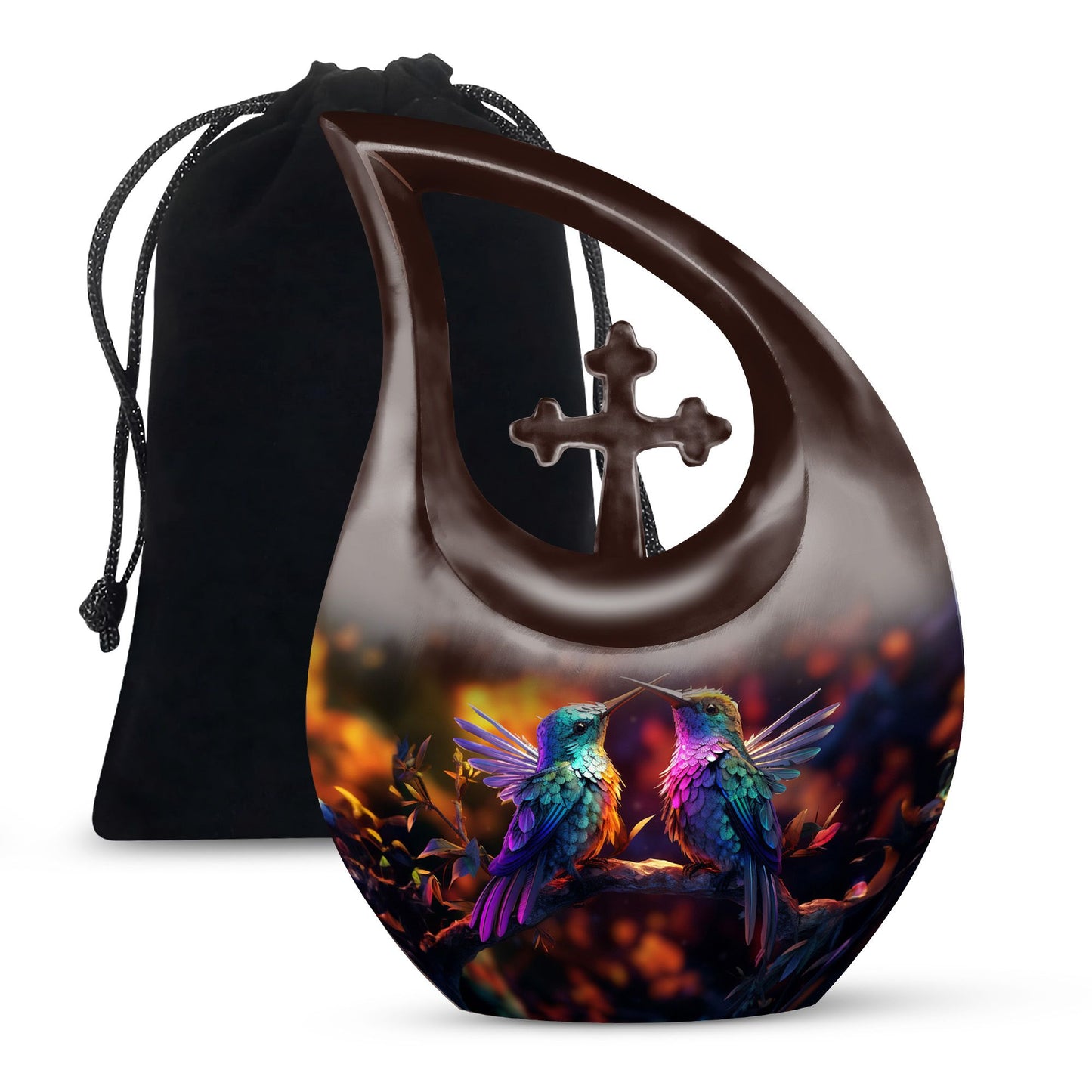 Humming Bird-themed cross drop design 10 inch aluminium urn 