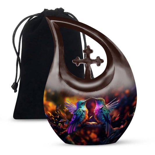 Humming Bird-themed cross drop design 10 inch aluminium urn 