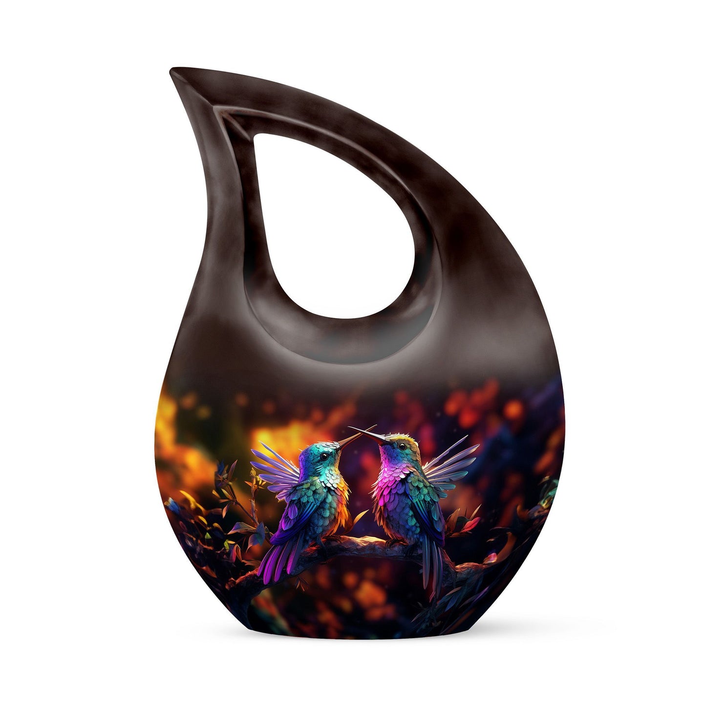 Humming Bird-themed cross drop design 10 inch aluminium urn 