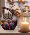 Humming Bird-themed cross drop design 10 inch aluminium urn 