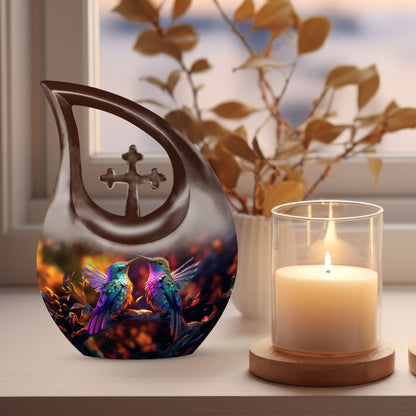 Humming Bird-themed cross drop design 10 inch aluminium urn 