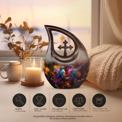 Humming Bird-themed cross drop design 10 inch aluminium urn 