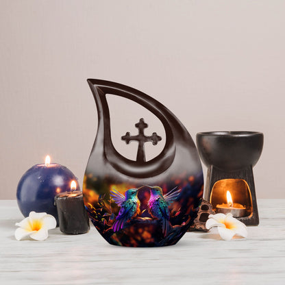 Humming Bird-themed cross drop design 10 inch aluminium urn 
