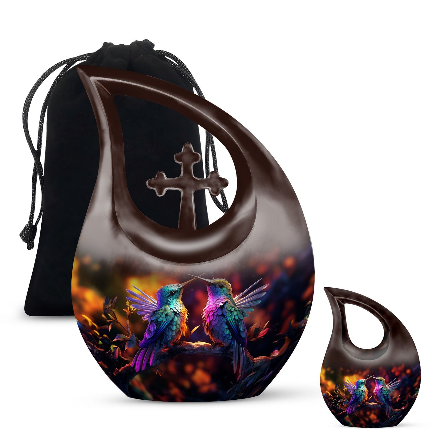 Humming Bird-themed cross drop design 10 inch aluminium urn 