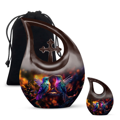 Humming Bird-themed cross drop design 10 inch aluminium urn 